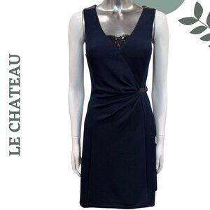 Le Château Navy Faux Wrap Dress with Lace Detail | Sleeveless Ruched | Size XXS